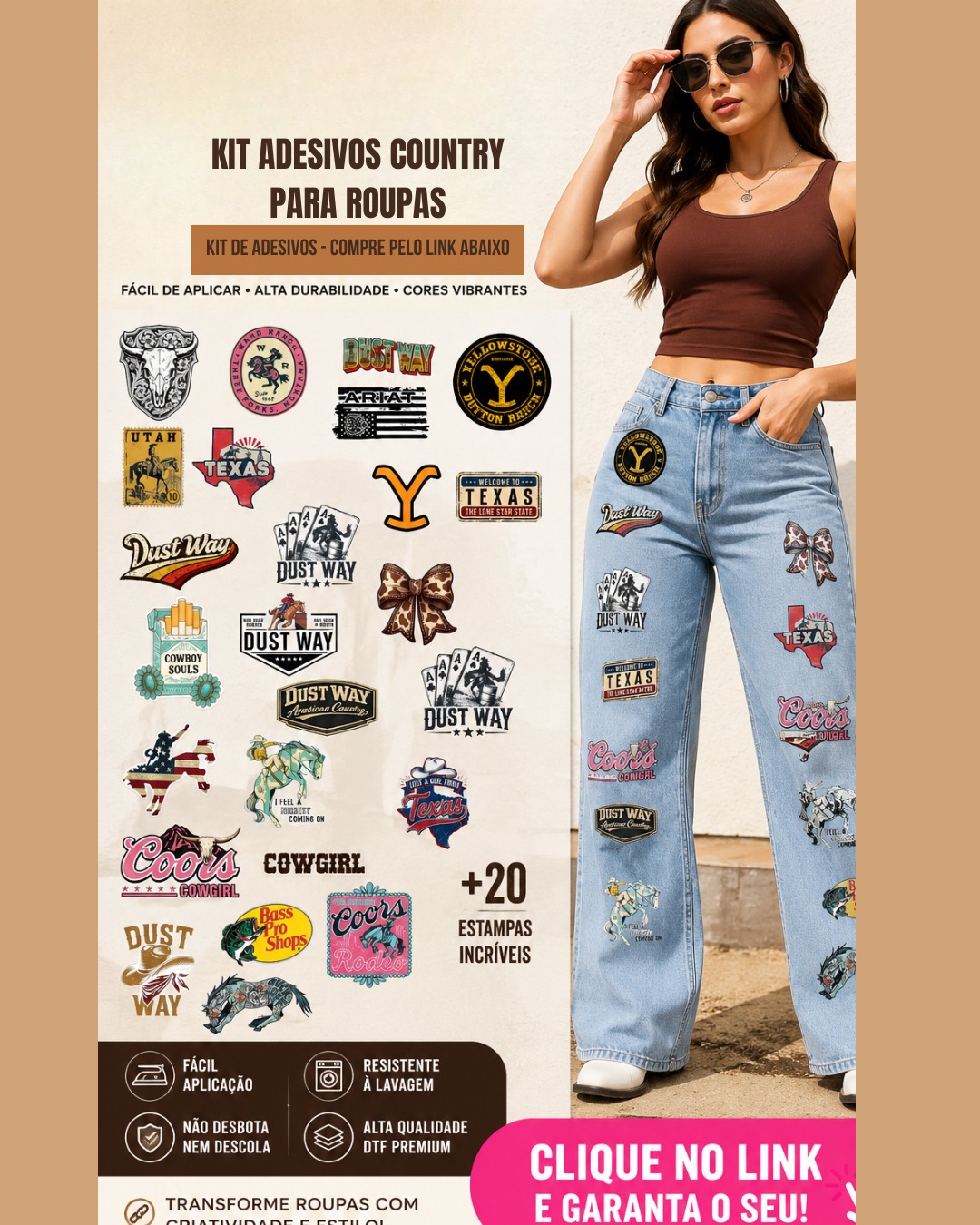 Kit de adesivos country DTF para roupas