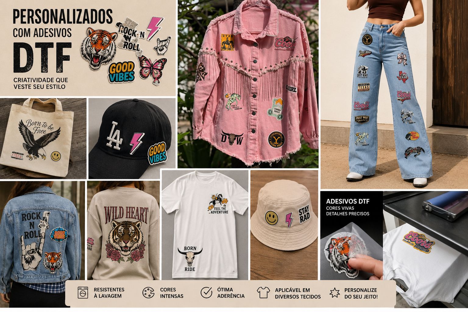 Peças personalizadas com adesivos DTF: jaqueta, boné, tote bag, calça jeans